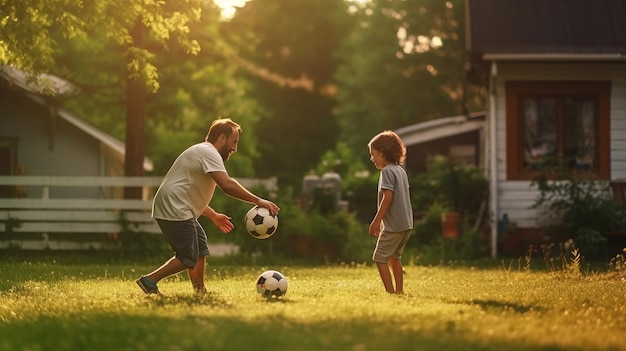 A father and son playing soccer in a field