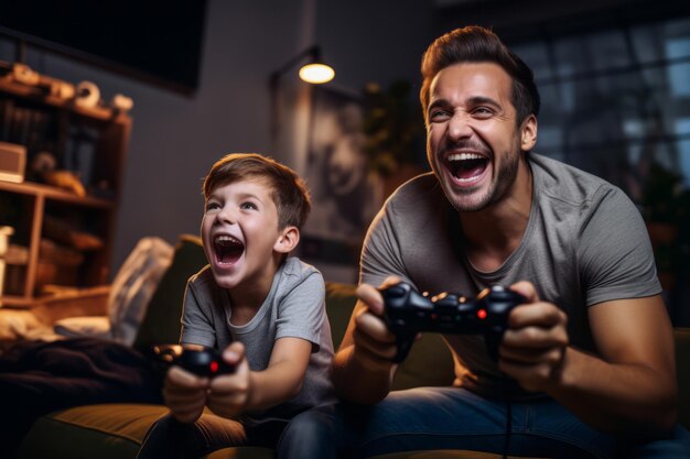 Father and son playing video games in front of the TV