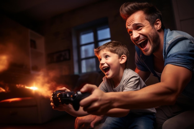 Photo father and son playing video games in front of the tv