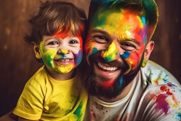 Father and son playing with paint Generative AI