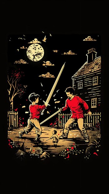 Father and Son Playing With Swords in a Backyard With an Epi Poster Banner Postcard Tshirt Design