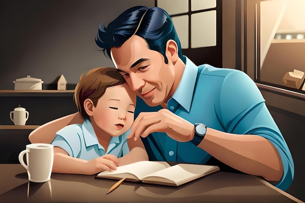 A father and son read a book together.