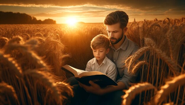 Father and son reading the bible in wheat field at sunset