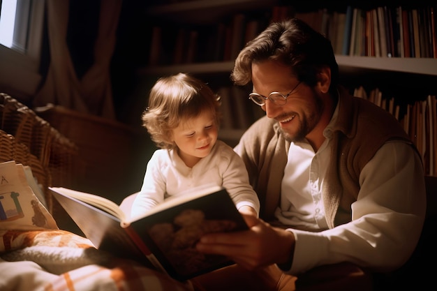 父と息子が家のリビングで一緒に本を読んでいる