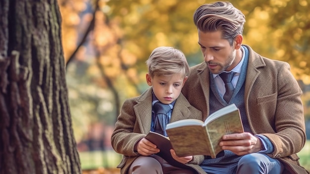 A father and son reading a book together