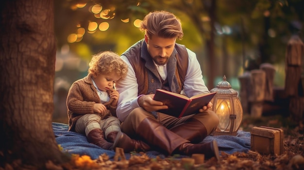 A father and son reading a book together