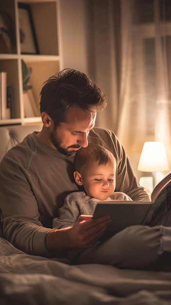 父と息子がベッドで一緒に読んで 暖かくて暖かい父の日