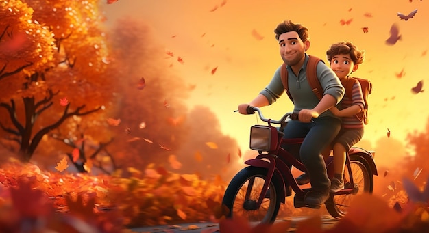 Father and son riding bicycles in autumn park 3d cartoon style