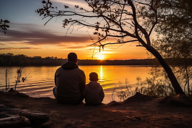 Father and son sit by the river and watch the sunset with the twilight atmosphere