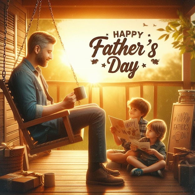 a father and son sit on a porch with a sign that says happy fathers day