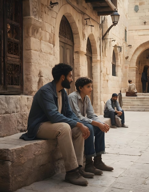 エルサレム の 古い 都市 の 通り に 座っ て いる 父 と 息子