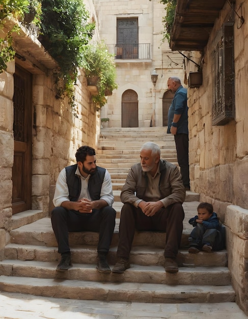 Father and son sitting on the street in the old city of Jerusalem