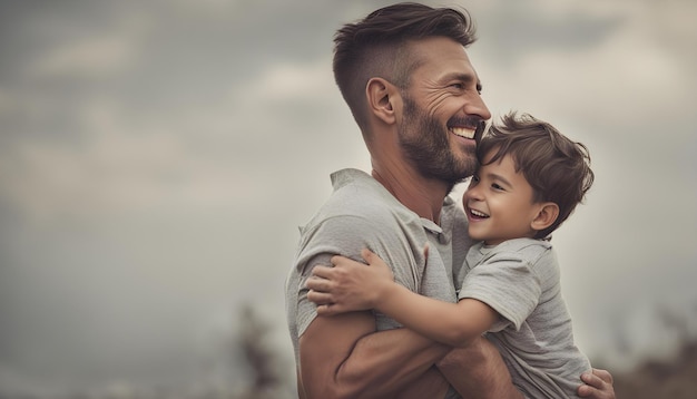 Photo father and son smiling at the camera