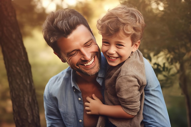 A father and son smiling and holding each other