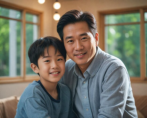 Photo father and son smiling indoors