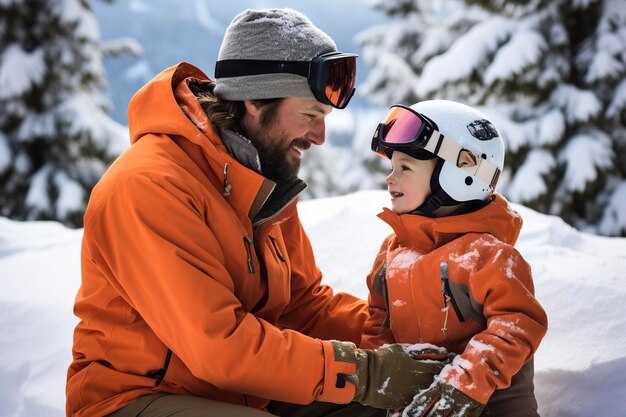 Photo father and son snowboarding in the mountains winter fun for family