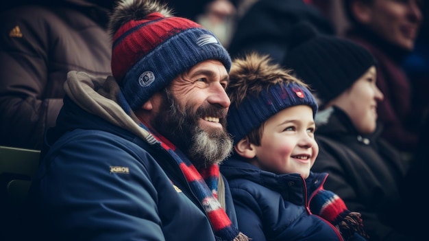 Father and son on soccer match watching together Beautiful illustration picture Generative AI