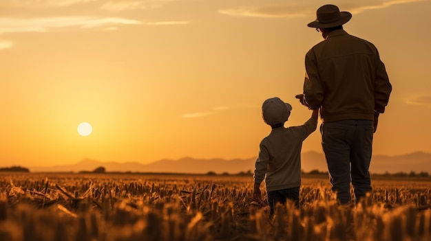 Father and son spend time in the fields