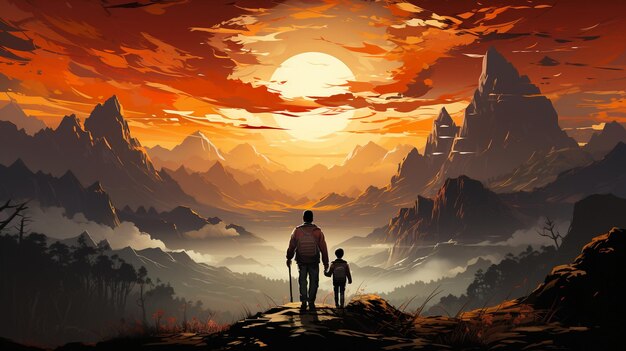 A father and son stand on a mountain looking at the sun rising in the sky in a silhouette scene