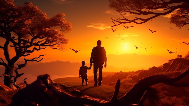 father and son in the sunset in the field