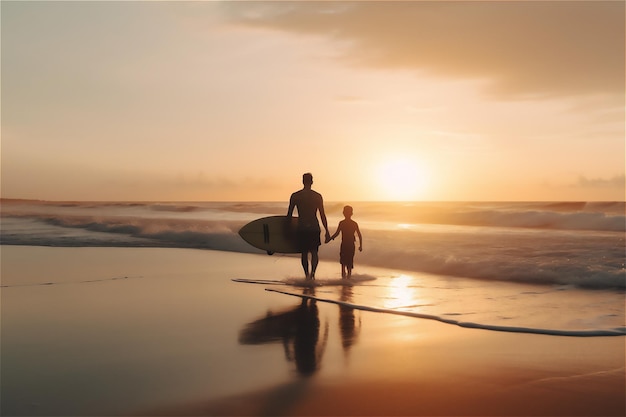 波に対する父と息子のサーファーのシルエット 夕暮れ時の美しいビーチの劇的なショット
