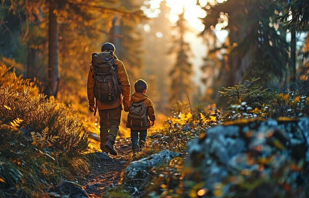 a father and son taking in the outdoors and a forest excursionxA