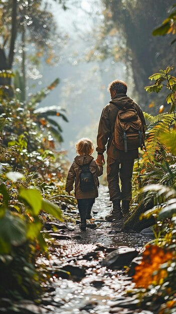 Photo a father and son taking in the outdoors and a forest excursionxa