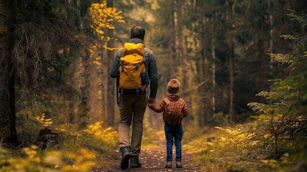 a father and son walking down a path in the woods
