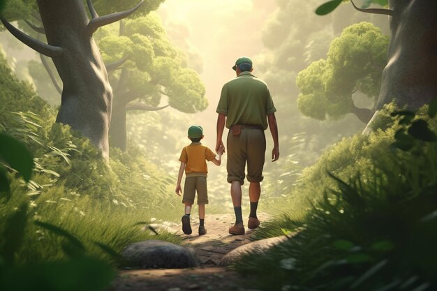 Father and son walking in the field at sunset Happy family concept