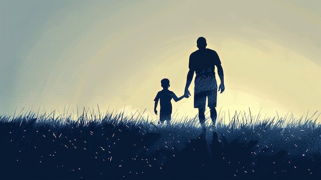 a father and son walking in a field with the sun behind them