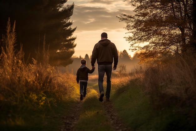 father and son walking in nature