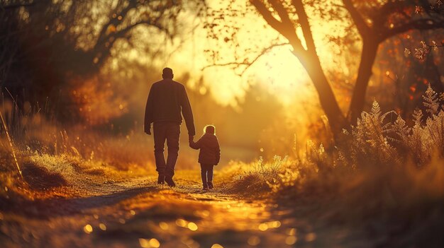 夕暮れの公園で歩いている父と息子 友好的な家族の概念