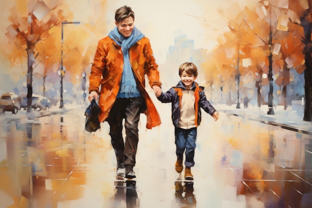 Father and Son Walking in the Rain