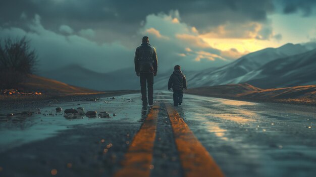 Foto padre e figlio che camminano per la strada