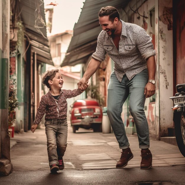 Father and son walking together happily