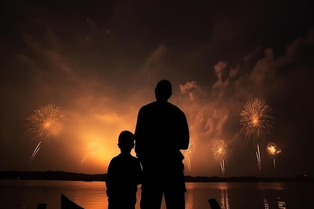 A father and son watch fireworks on a lake.