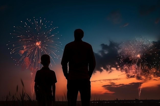 A father and son watch fireworks in the sky.