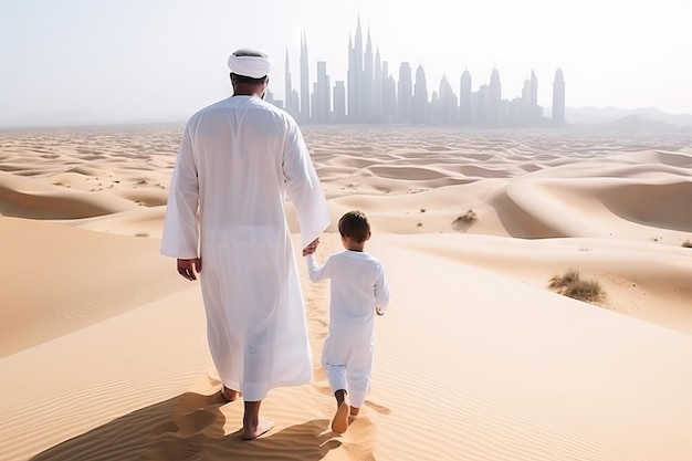 Father and son wear white clothes walking together in the desert Dubai Generative AI