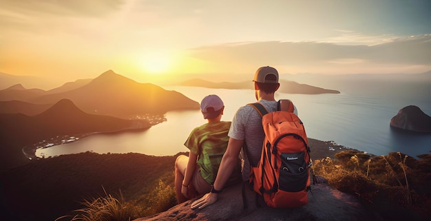 バックパックを背負った父と息子が山の頂上に座り、海と島々の夕日を眺める旅行