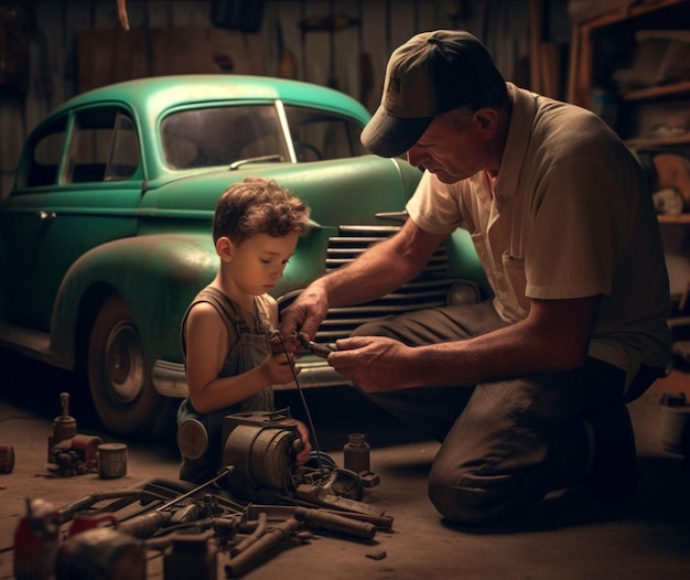 A father and son working on a car together