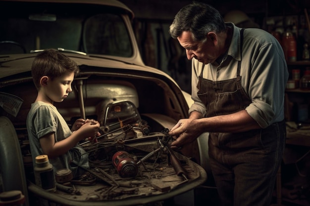 A father and son working on a car together