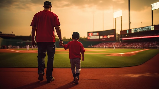 A father taking his child to a baseball game
