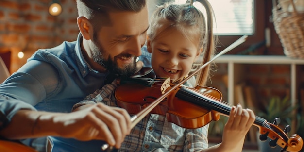 Photo father teaches child to play violin generative ai
