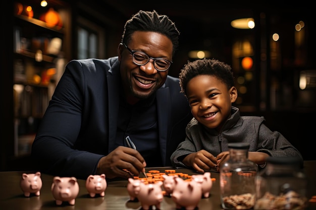 Father teaches son about finance with graphics and piggy bank generative IA