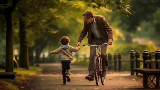 子供に自転車の乗り方を教える父親