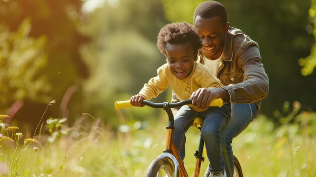 A father teaching his child how to ride a bike