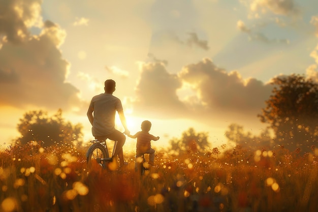 Photo a father teaching his child to ride a bike