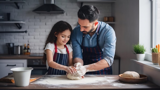 Father teaching his girl to bake bread or pies