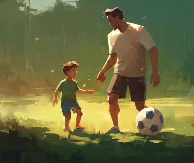 A father teaching his son how to play soccer