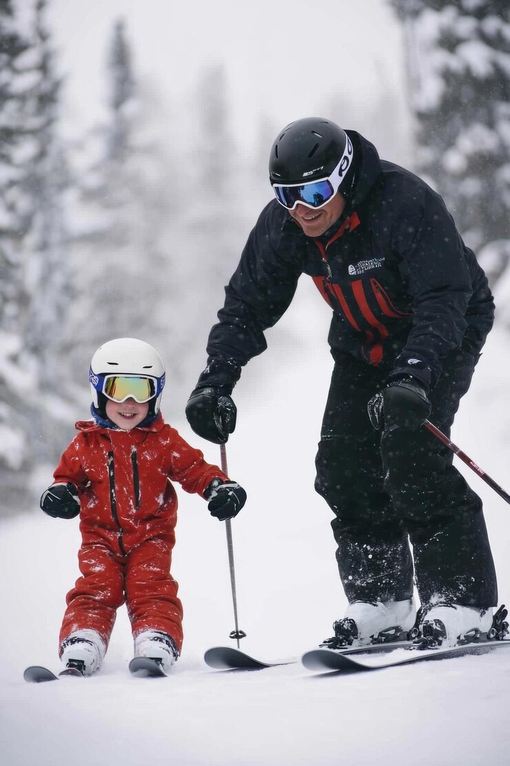 A father teaching his son to ski on winter vacation